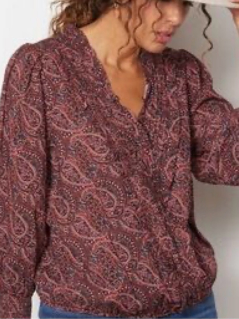 Evereve Anden Burgundy Paisley V-Neck Blouse, S, EUC